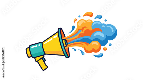 Bright yellow megaphone blasts vibrant orange and blue sound waves, creating a dynamic illustration for announcements and promotions.