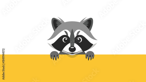 Playful raccoon peeks over a yellow ledge with curious eyes and a mischievous expression, creating a charming scene.