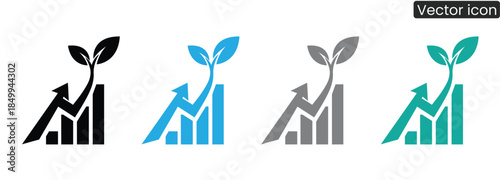 A set of four icons representing business growth and financial success in different colors