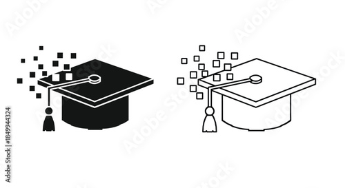 Graduation cap icons in solid black and outline styles with digital pixel elements representing modern online education.