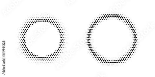 Halftone concentric circle background. Black and white dotted circular gradient. Radial fading comic texture. Grunge rough round pop art backdrop. Vector dot line epicenter wallpaper concept