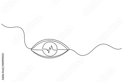 Continuous line drawing of an eye with a heartbeat inside symbolizing health and vision technology