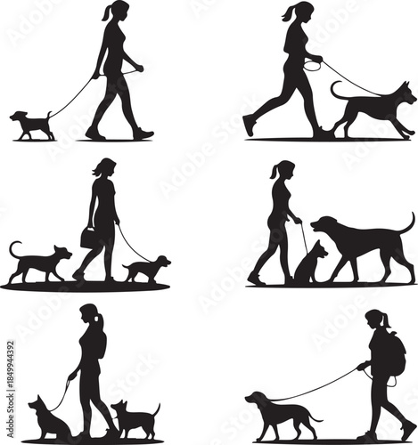 Dog Walking Silhouette Icon Set