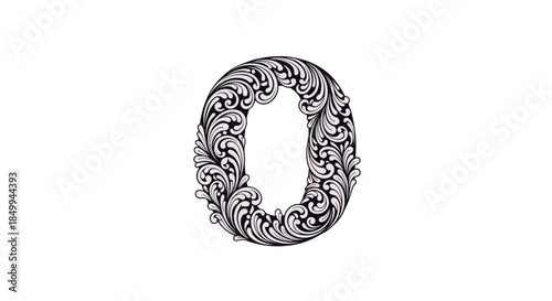 Decorative number zero with an intricate and dense floral scrollwork pattern in a vintage engraving style illustration.
