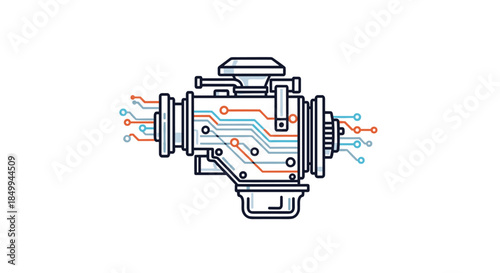 High-tech industrial machine or engine illustration featuring electronic circuit lines for smart manufacturing theme.