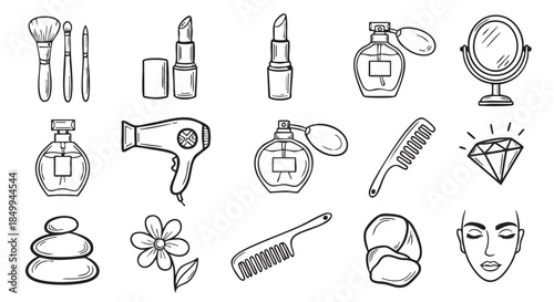 Beauty and Spa Items Seamless Pattern Black and White Illustration
