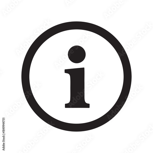 Clean and universal information icon, a bold black lowercase 'i' within a prominent circular outline, signifying help, support, and important details