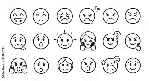 Collection of Hand Drawn Facial Expressions Emoticons and Mood Icons