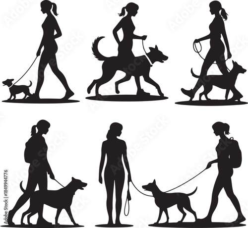 Dog Walking Silhouette Icon Set