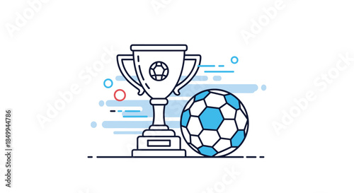Sports championship awards featuring a silver trophy cup with a soccer ball emblem next to a classic football on a blue background.