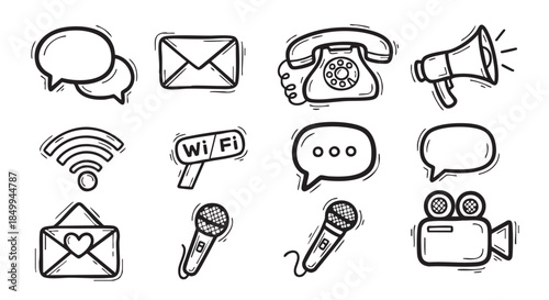 Communication and connectivity themed doodle icons vector illustration isolated on white