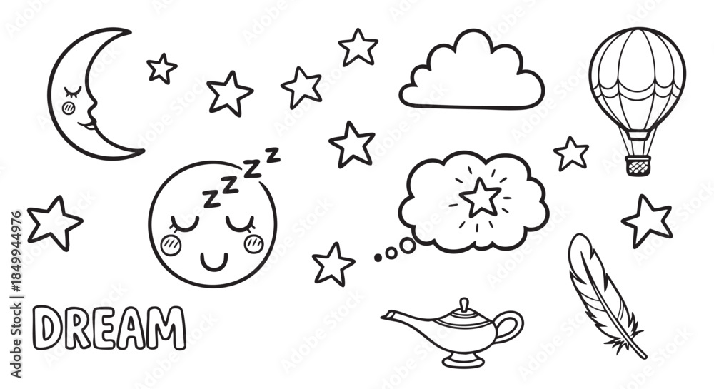 Fototapeta premium Cute Celestial Dream Drawing with Moon Stars and Sleeping Face Design