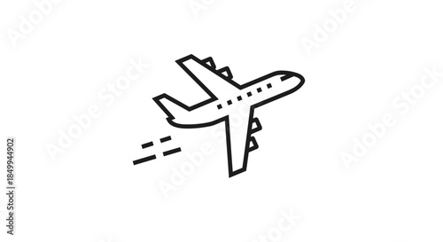 Simple line art illustration of a commercial airplane flying upwards with motion lines representing travel and global connectivity.