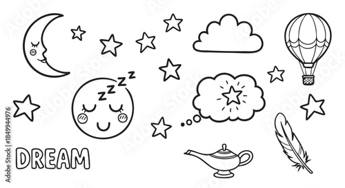 Cute Celestial Dream Drawing with Moon Stars and Sleeping Face Design