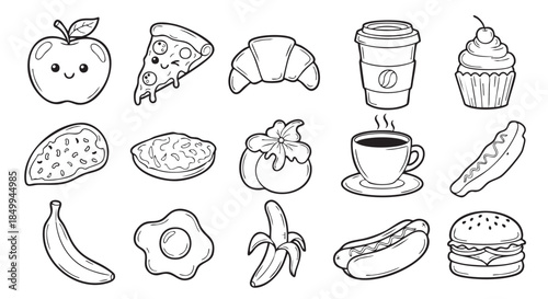 Cute Cartoon Food Characters Black and White Outline Illustrations Set