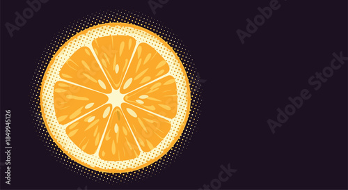 Stylized orange slice cross-section shown on a dark background with halftone dots emphasizing citrus freshness and vitamin rich fruit.