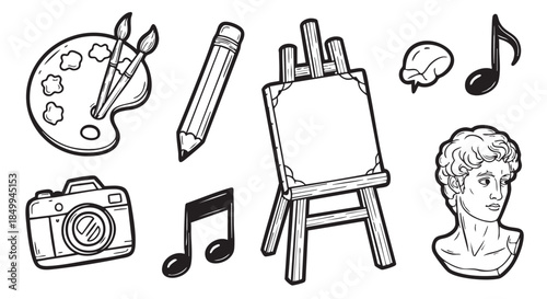 Doodle style art supplies and creative tools illustration for designers