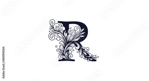 Decorative capital letter R embellished with intricate floral patterns and scrolling leaves in a classic vintage botanical style.