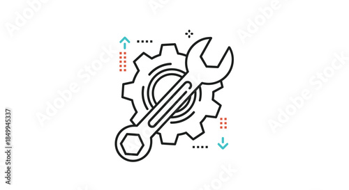 Technical support and maintenance icon featuring a large gear wheel being adjusted by a professional wrench tool.