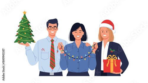Happy office workers are decorating for the holidays with a christmas tree, lights, and a gift, spreading festive cheer.