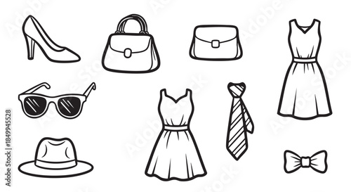Elegant fashion accessories in simple black and white line art style