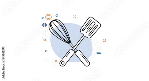 Kitchen cooking tools icon featuring a wire whisk and a flat spatula crossed over a soft blue circular background.