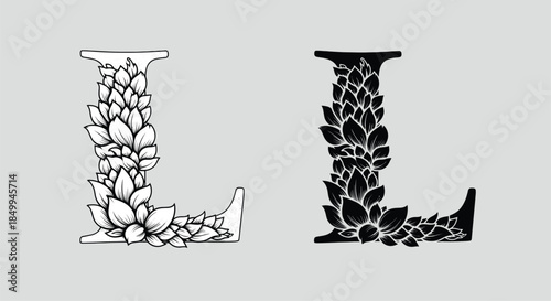 Artistic capital letter L adorned with dense floral leaf patterns shown in both outline and solid black versions for design.