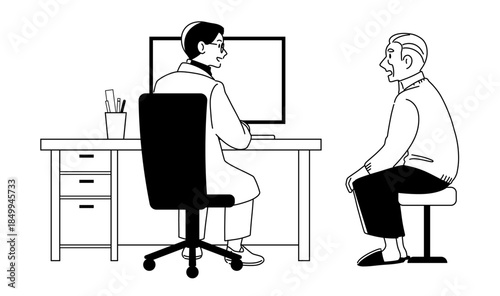 Monochrome Illustration of Elderly Patient Receiving Medical Examination