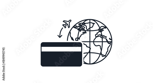 Travel rewards and international spending concept showing a credit card with a globe and a flying airplane silhouette icon.