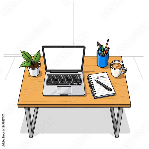 Overhead view of a wooden desk with a laptop, potted plant, coffee cup, notebook, and pens in a holder, illustrating a workspace setup