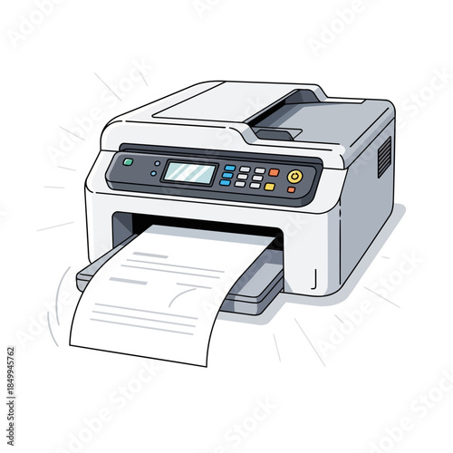 Modern all in one printer scanner copier with paper output and control panel illustration on white background