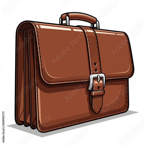 Classic brown leather briefcase with buckle and handle, isolated on a white background, graphic illustration