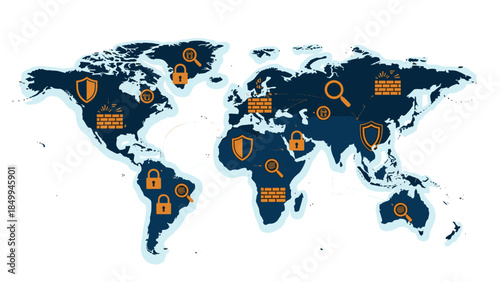 Global cybersecurity network illustration depicts shields, firewalls, and lock icons representing data protection and threat detection worldwide.