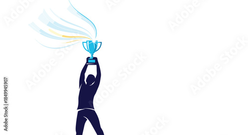 Dark silhouette of a winner holding a blue trophy cup high above head with dynamic light rays on white background.