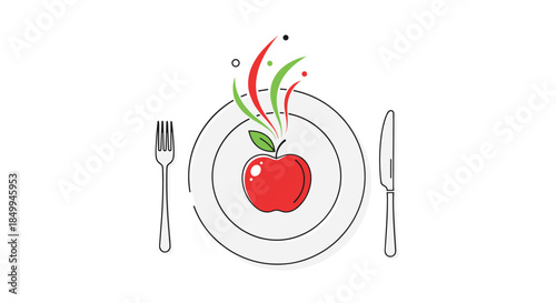 Healthy eating concept showing a fresh red apple on a white plate with a silver fork and knife on a clean background.
