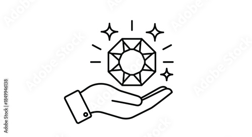 Simple line art icon showing a human hand carefully holding a large sparkling diamond on a white background.