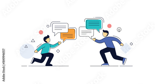Colorful illustration of two people running towards each other with multiple speech bubbles representing active communication.