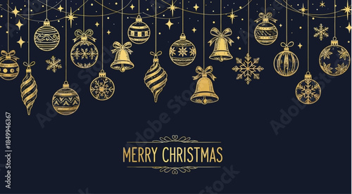 Merry Christmas background with golden ornaments and bells on black