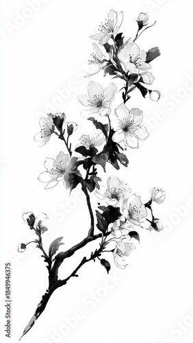Blooming Cherry Blossom Branch Illustration in Black and White

