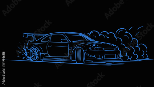 Neon Blue Racing Car Illustration.