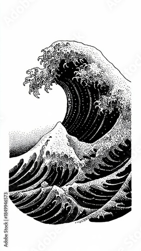 Dramatic Ocean Wave Illustration in Black and White

