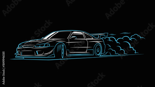Neon Outline of Sports Car Illustration.