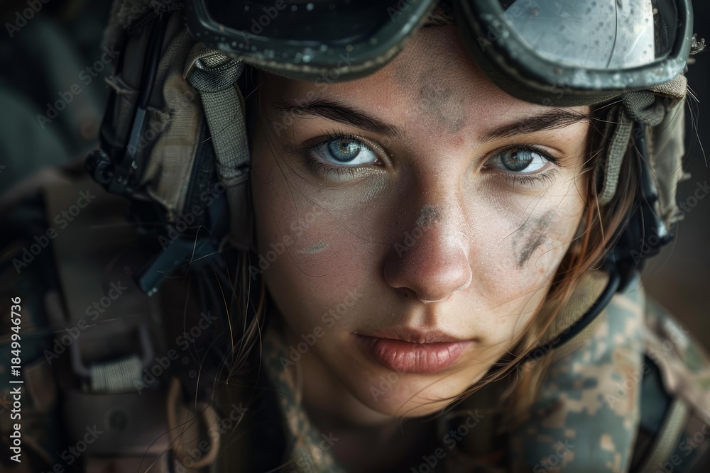 Obraz premium Close up of determined female soldier demonstrating strength and resilience in a military setting