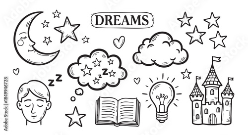 Hand drawn dreaming concept with moon stars and sleeping man
