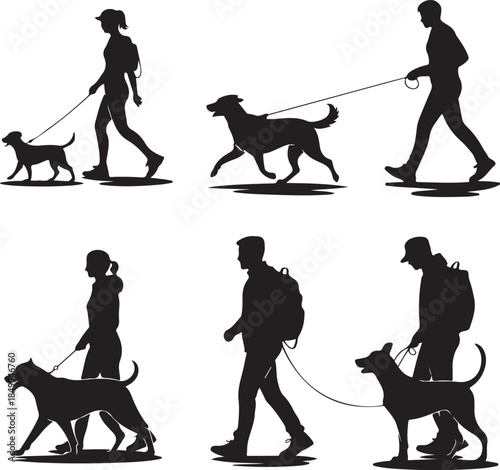 Dog Walking Silhouette Icon Set