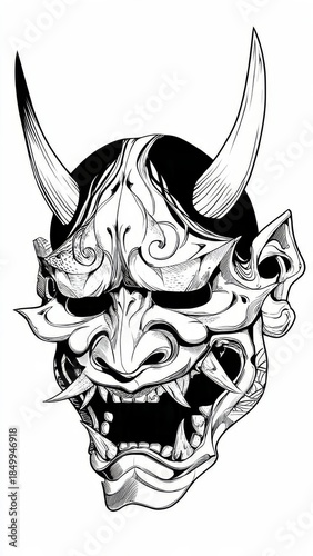 Detailed Oni Mask Illustration in Black and White

