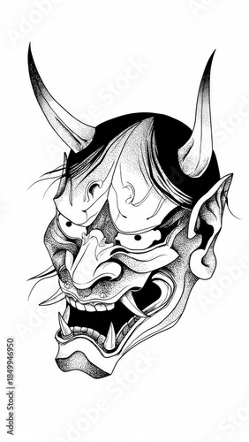Detailed Oni Mask Illustration in Black and White

