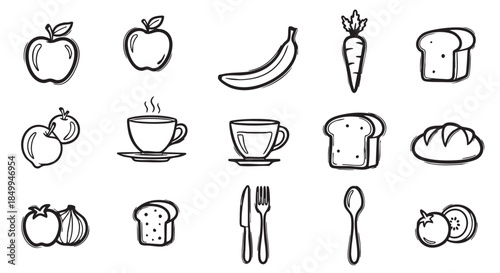 Hand drawn food icons set apple coffee bread and vegetables
