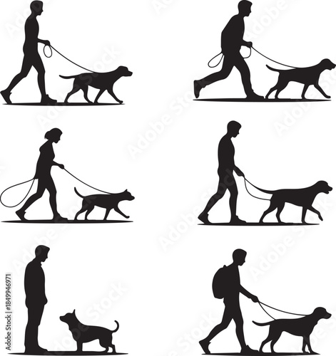 Dog Walking Silhouette Icon Set