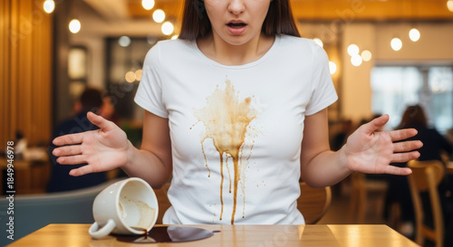 Young woman in a white t-shirt with a coffee stain looks surprised in a cafe, with a spilled cup on the table, capturing a moment of unexpected mishap and emotion